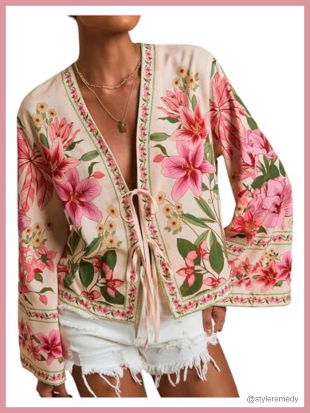 Boho Floral Deep V Neck Blouse Tie Front Bell Sleeve Top